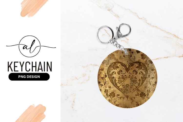 Golden Floral Heart Round Keychain Design