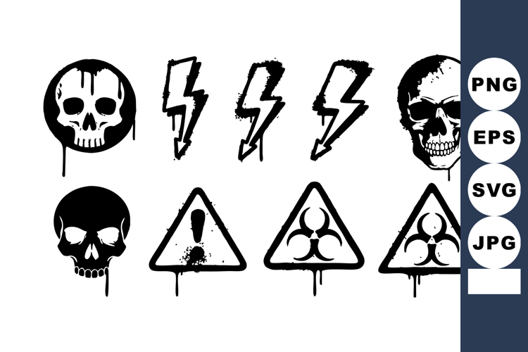 Skull and hazard symbols vector set with lightning and bioha