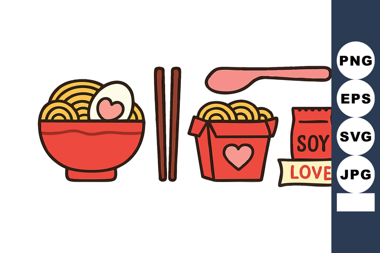 Asian noodle bowl with egg chopsticks soy sauce and takeout