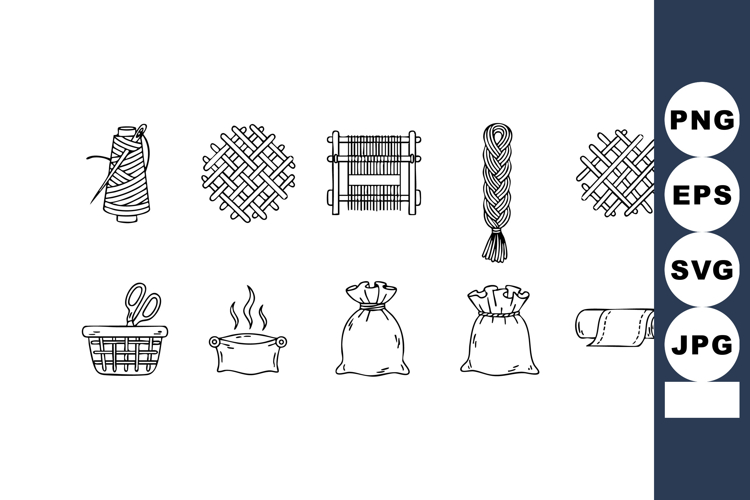 Vector set of hand drawn sewing thread basket and fabric sac