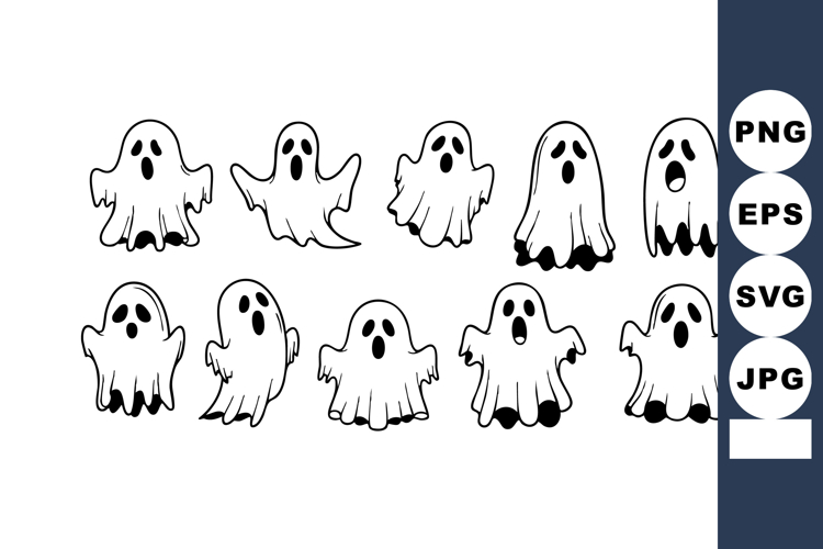 Collection of various cartoon ghost characters in black and