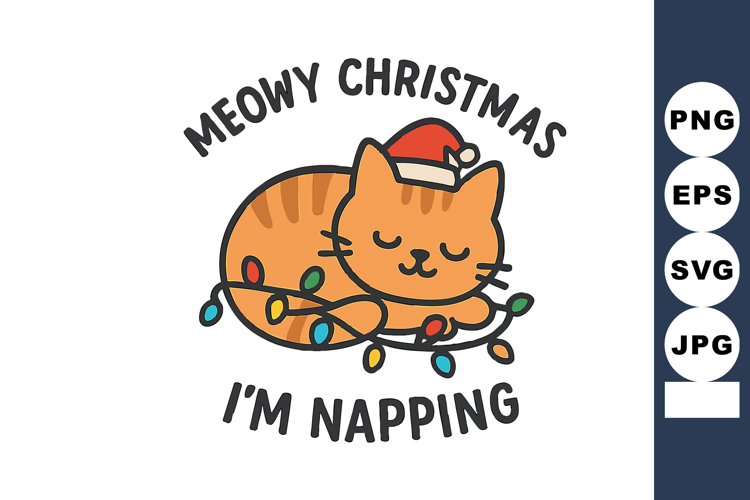 Cute orange cat sleeping with Christmas hat and colorful lig