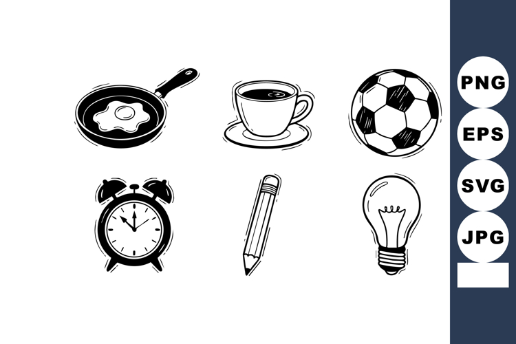 Breakfast coffee soccer ball alarm clock pencil light bulb i