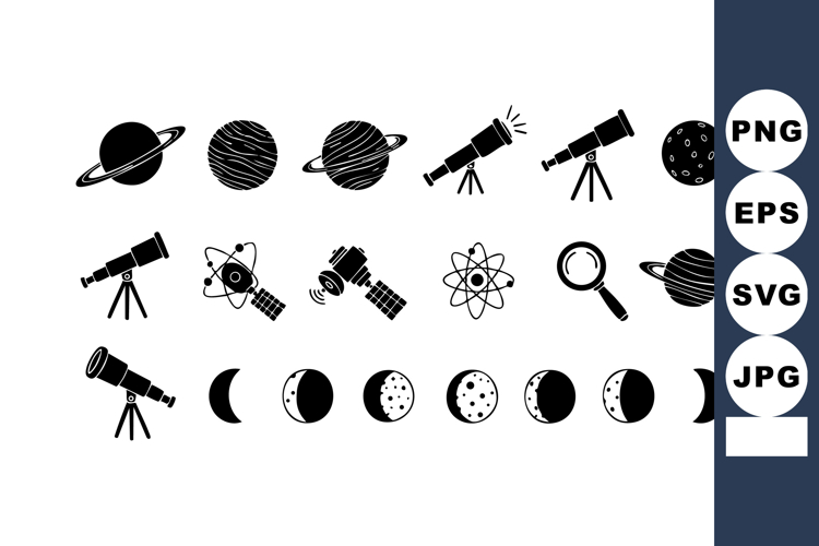 Space and astronomy icons with planets, telescopes, moon pha