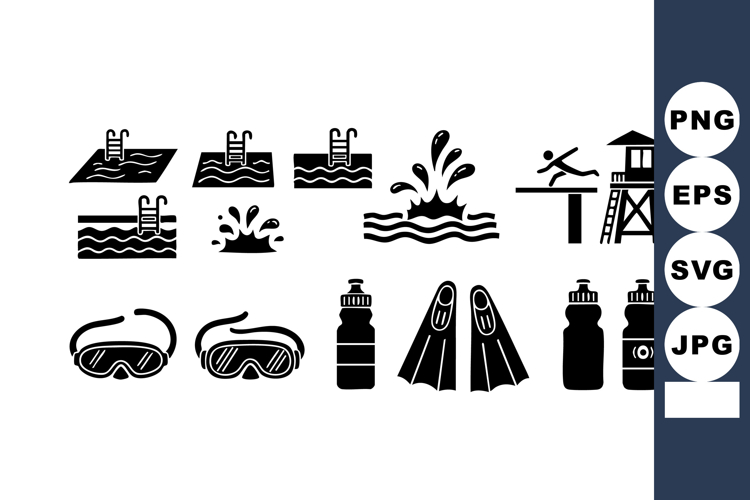 Swimming pool and diving board icons with snorkeling gear an