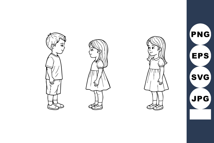 Children facing each other and standing isolated vector line
