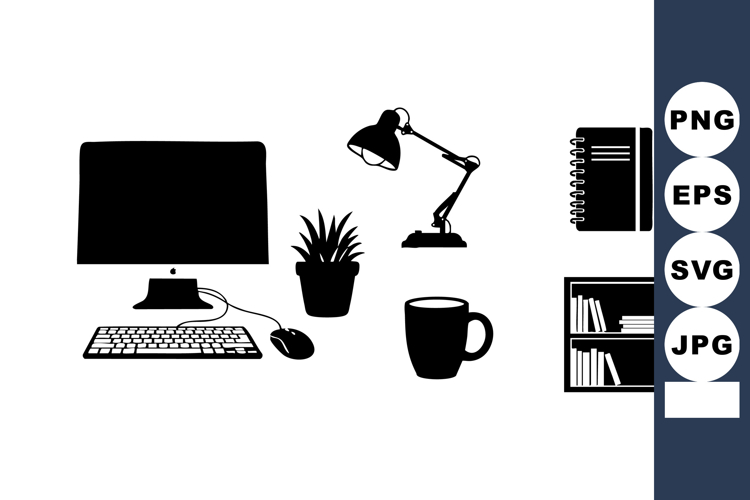 Office desk setup with computer lamp notebook coffee plant a