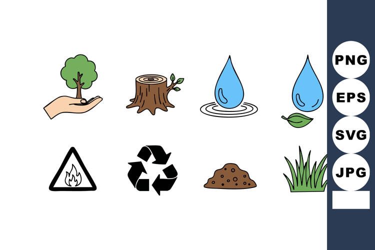 Environmental conservation symbols including tree, stump, wa