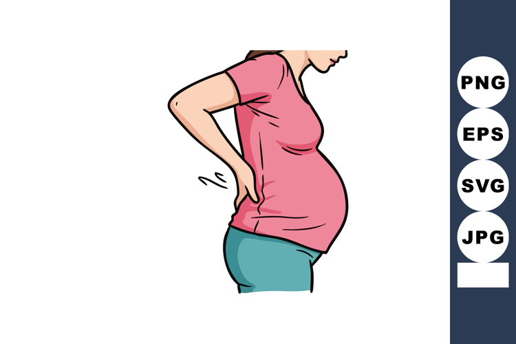 Pregnant woman holding back with pink shirt and blue pants i