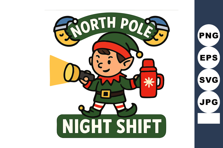 North Pole elf night shift worker holding flashlight and the