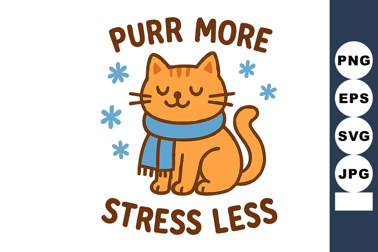 Cute orange cat wearing blue scarf with purr more stress les