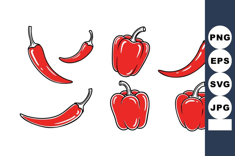 Red chili pepper and red bell pepper vector set with hand dr
