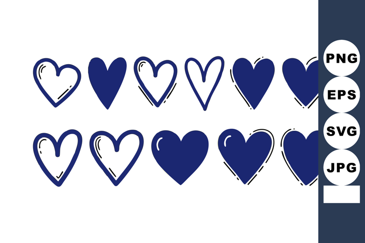 Blue hearts vector set with hand-drawn style and various sha