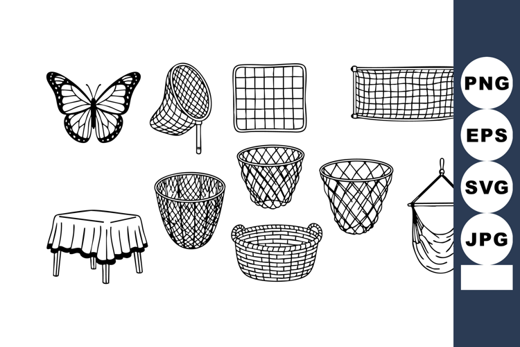 Hand-drawn collection of various black and white baskets net