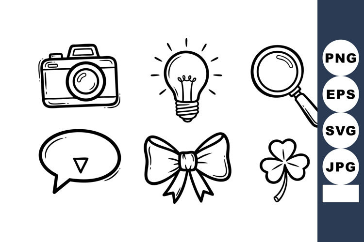 Hand drawn vintage camera light bulb magnifying glass speech