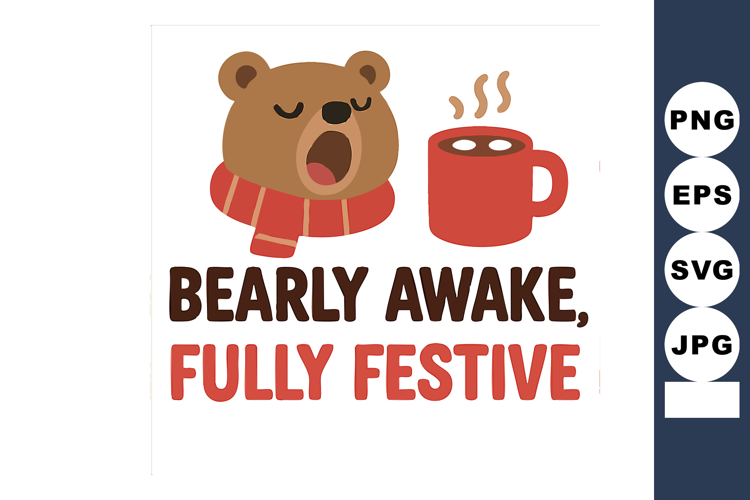 Bear yawning with red scarf and steaming hot drink festive c