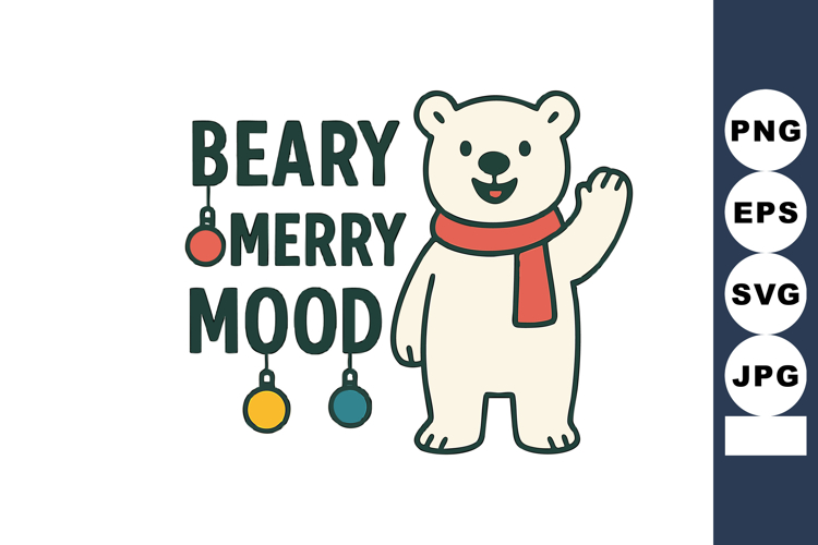Cute polar bear wearing red scarf waving hand with beary mer
