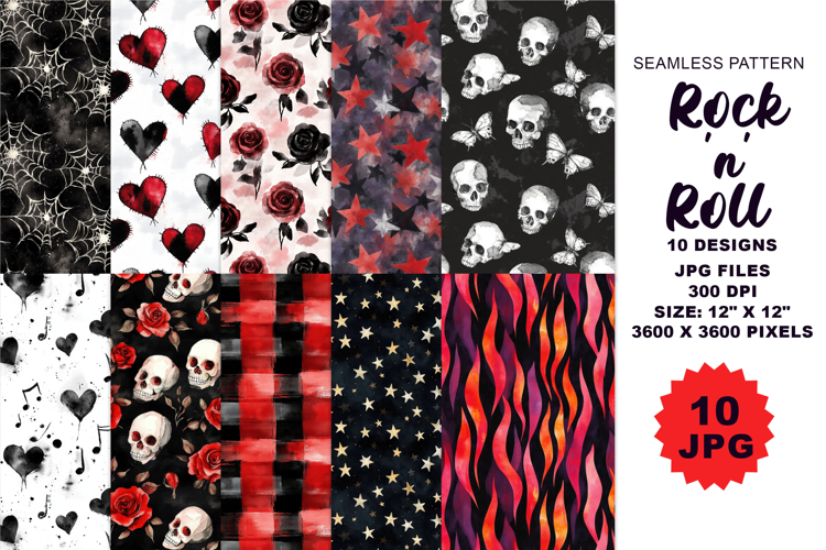 Rock and Roll Seamless Patterns, Gothic Punk Digital Paper