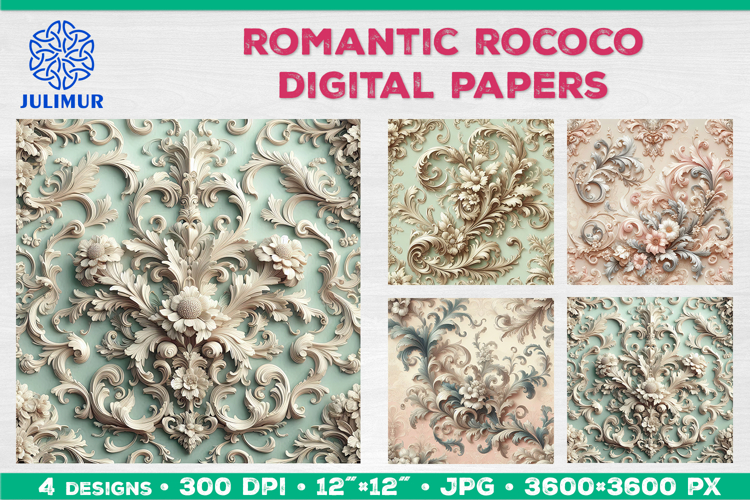 Rococo Floral Digital Papers with Pastel Baroque Ornament