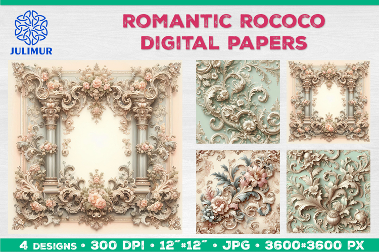 Rococo Floral Digital Papers with Pastel Baroque Ornament