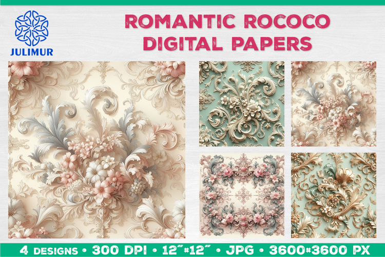 Rococo Floral Digital Papers with Pastel Baroque Ornament