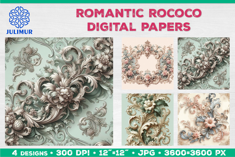 Rococo Floral Digital Papers with Pastel Baroque Ornament