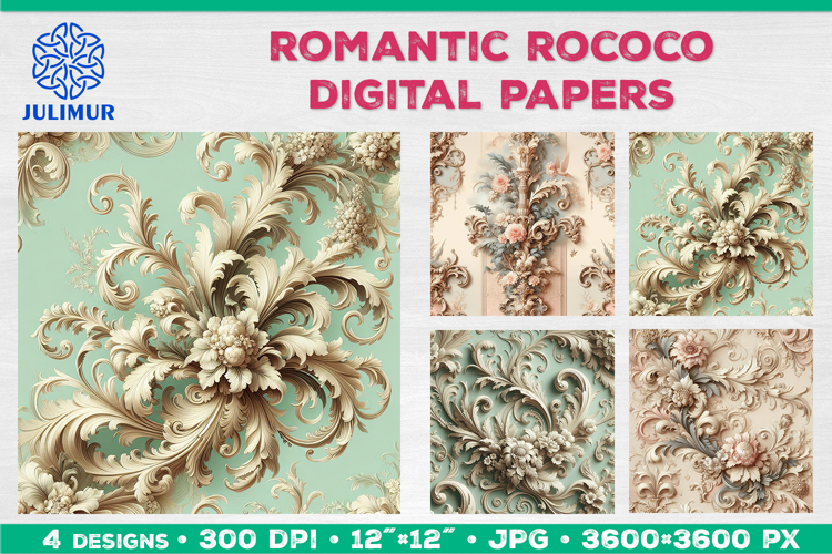 Rococo Floral Digital Papers with Pastel Baroque Ornament
