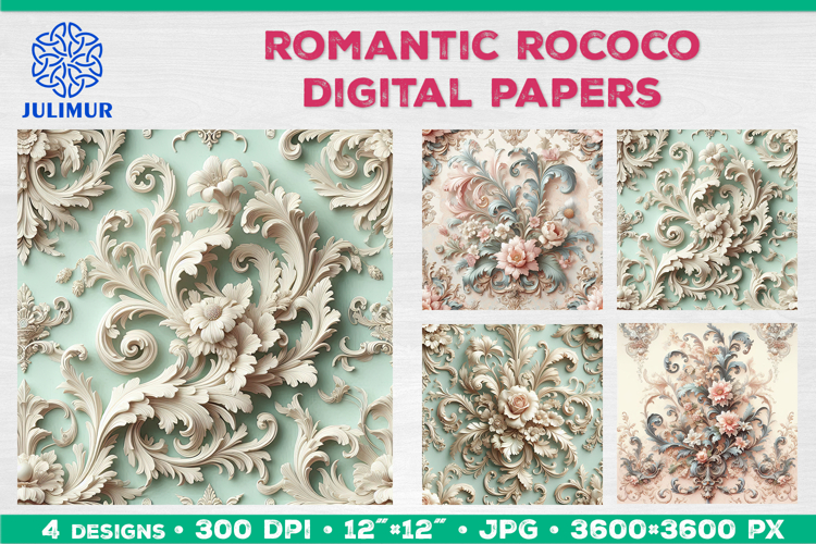 Rococo Floral Digital Papers with Pastel Baroque Ornament
