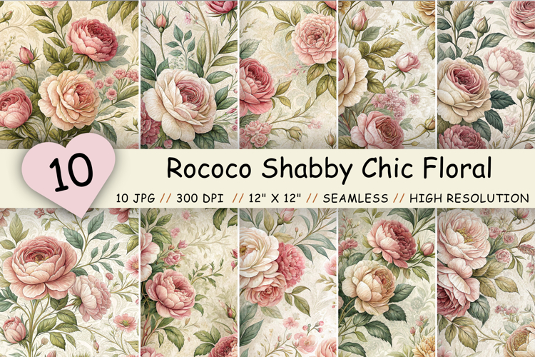 Rococo Shabby Chic Floral Digital Paper, Vintage Roses