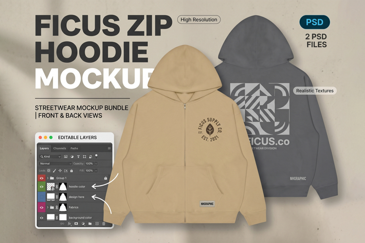Ficus Zip Hoodie Mockup PSD Bundle for Streetwear Brand
