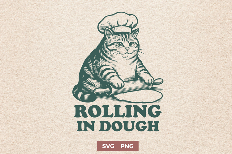 Rolling in Dough SVG, Funny Baking Cat PNG, Retro Cat Chef