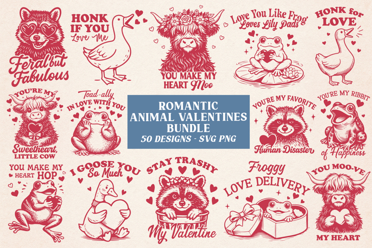 Romantic Animal Valentines SVG Bundle | 50 Funny Love Animal