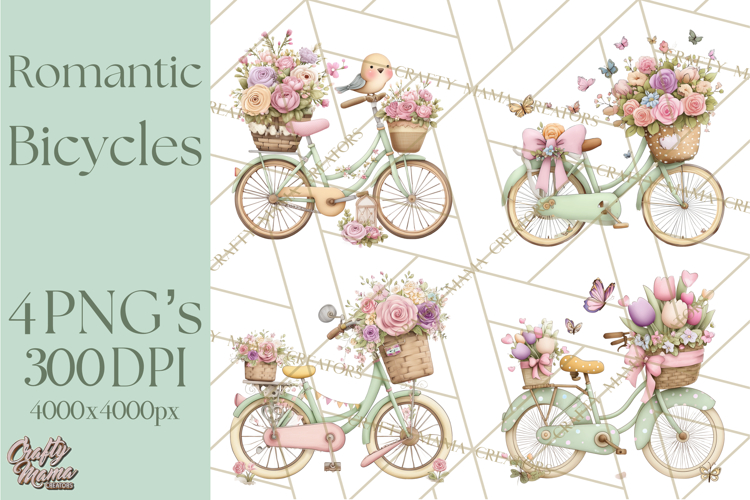 Romantic Bike Clipart, Spring Flowers PNG, Pastel Bicycles