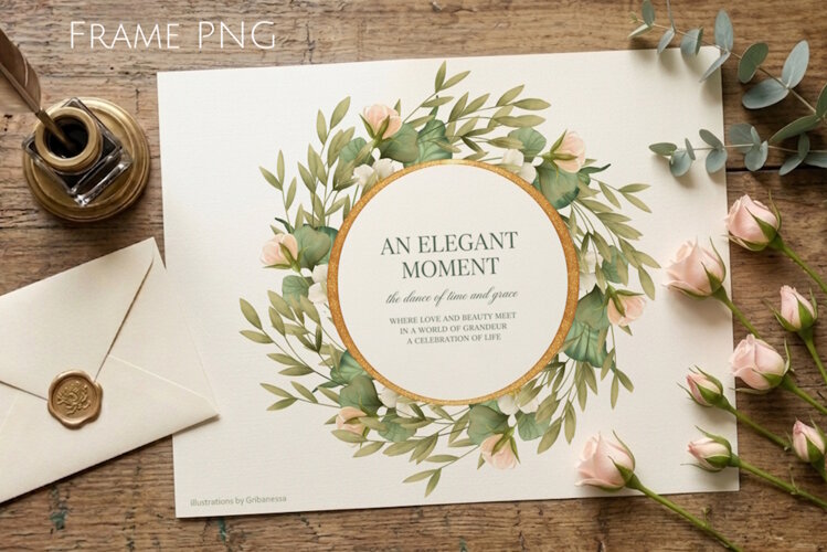 Romantic Floral Gold Frame PNG example image 1