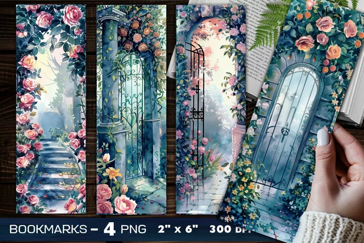 Secret garden romantic roses bookmark, Roses gate bookmark