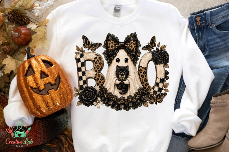 Boo Preppy Ghost Coquette PNG, Cute Halloween Ghost Design