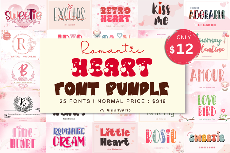 25 Romantic Heart Font Bundle