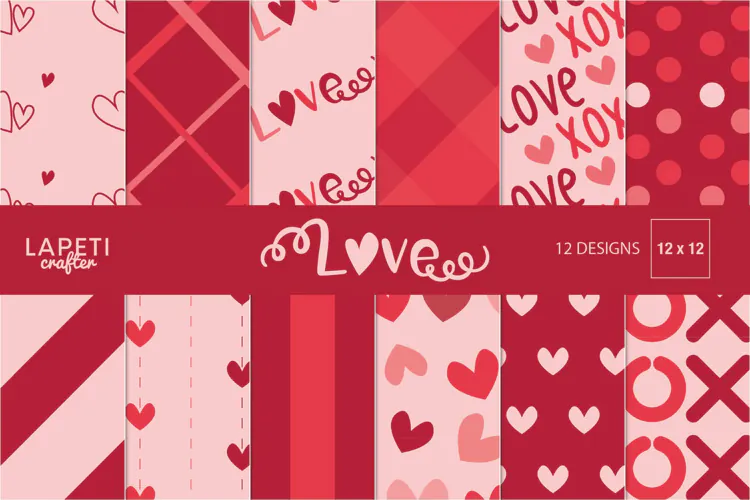 Valentine Love Papers with Hearts, XOXO, Plaid and Stripes
