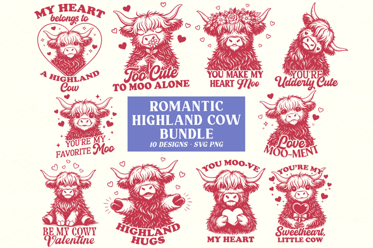 Romantic Highland Cow SVG PNG Bundle, Valentine Cow Designs