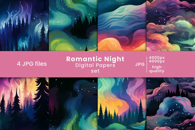 romantic night digital paper and colorful sky patterns