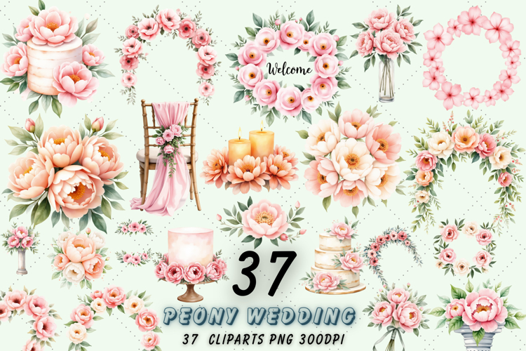 Romantic Peony Wedding Clipart Bundle, Peony Flowers PNG