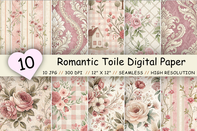 Romantic Toile Digital Paper Pack, Vintage Floral Toile