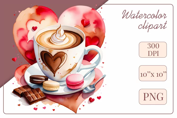 Coffee Cup or Latte, Watercolor Clipart, Sublimation Design