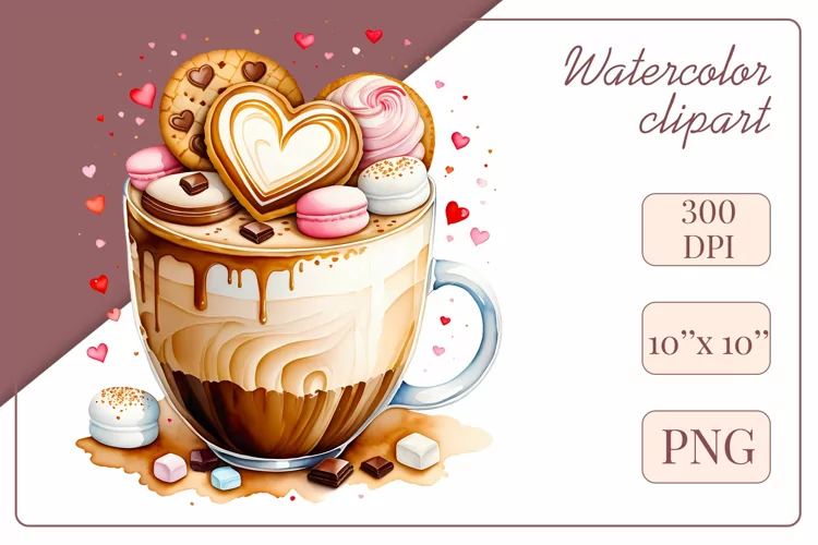 Watercolor Clipart Coffee Cup or Latte, Sublimation Design