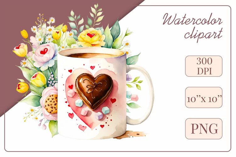 Coffee Cup Flowers, Watercolor Clipart, Sublimation Design