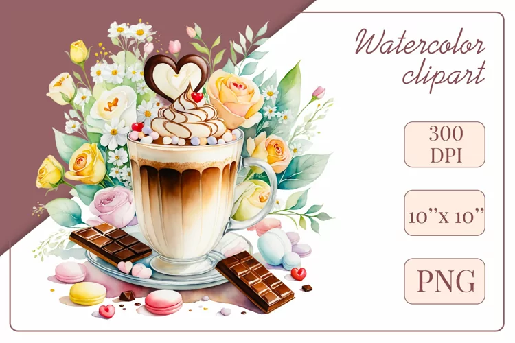 Coffee Cup Flowers, Watercolor Clipart, Sublimation Design