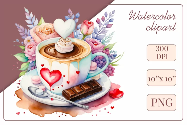 Coffee Cup Flowers, Watercolor Clipart, Sublimation Design