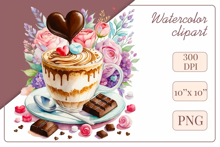 Coffee Cup Flowers, Watercolor Clipart, Sublimation Design