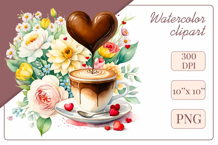 Coffee Cup Flowers, Watercolor Clipart, Sublimation Design
