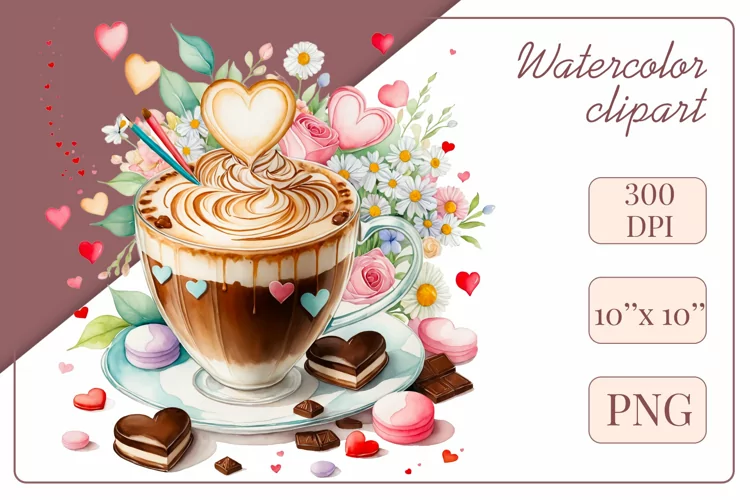 Coffee Cup Flowers, Watercolor Clipart, Sublimation Design